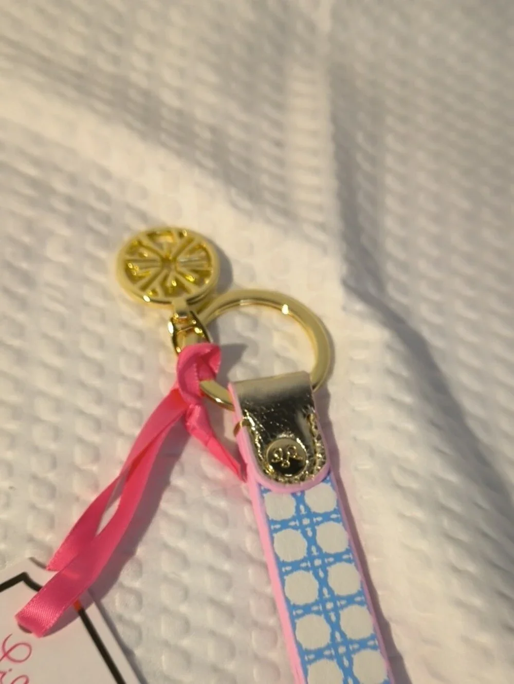 Lilly Pulitzer Pink and Light Blue Patterned Wristlet Keychain With Charm
